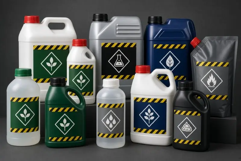 Chemical containers, pesticide bottles, and fertilizer bottles with durable product labels