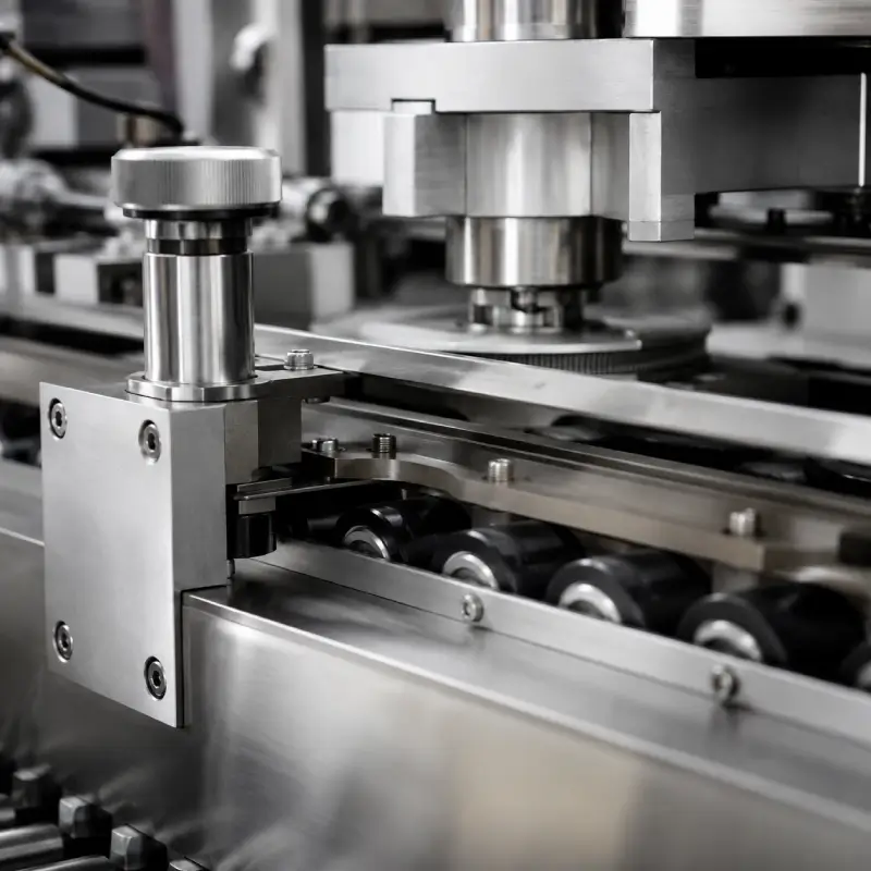 Close-up view of a precision labeling head assembly used in a round bottle labeling machine
