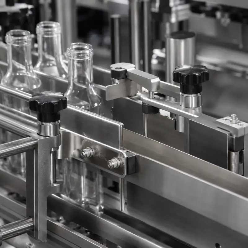Bottle guiding mechanism with stainless steel guide rails for accurate container positioning