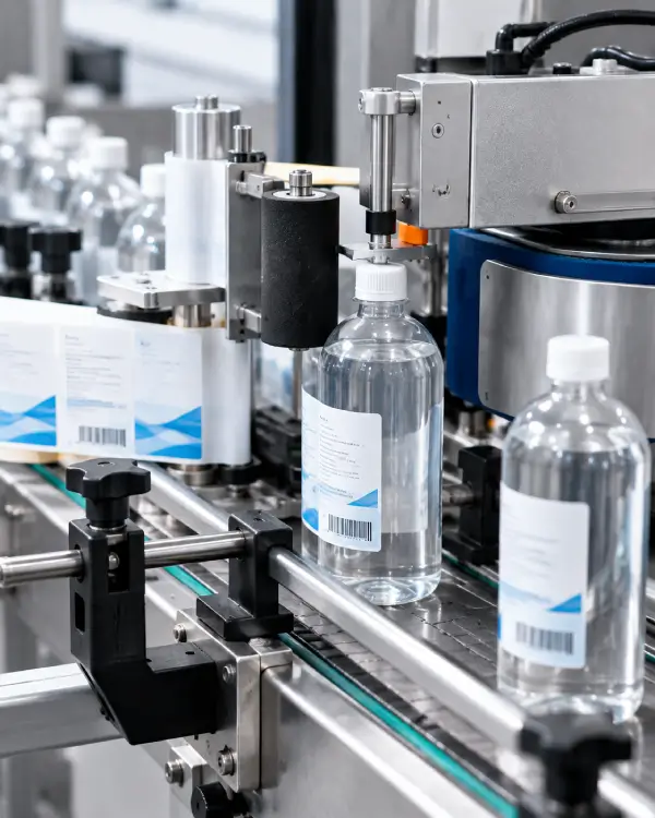 Automatic labeling machine applying labels to bottles on a conveyor in a production environment