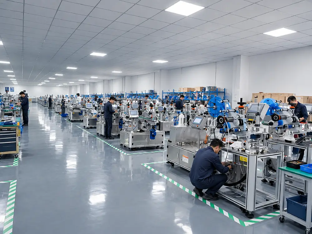 Industrial labeling machines in a manufacturing and testing facility prepared for assembly, inspection, and production deployment